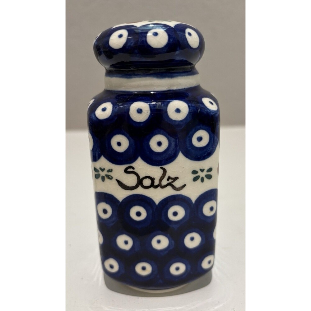 Polish Pottery Salt Shaker Blue Peacock Eye Pattern Boleslawiec Poland